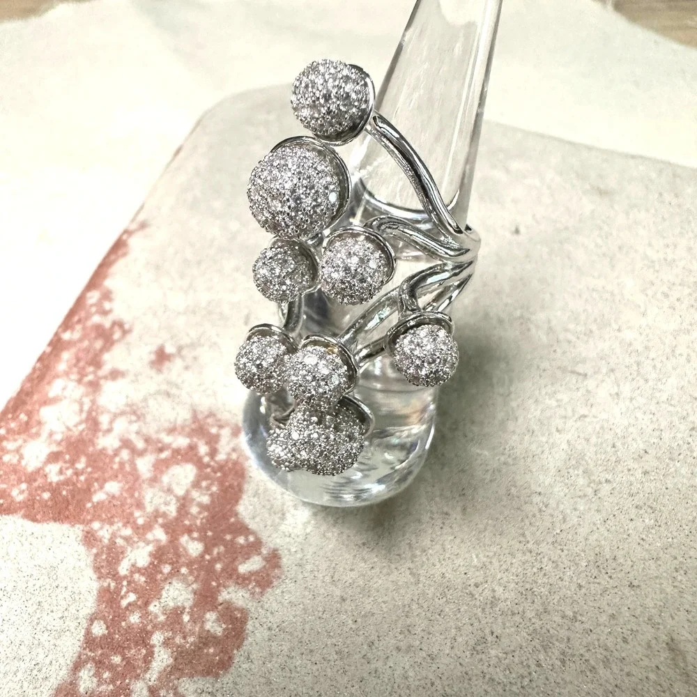 NEW nOir Brass Ring‎ Cubic Zirconia 7 Pave Balls 18k plating Statement